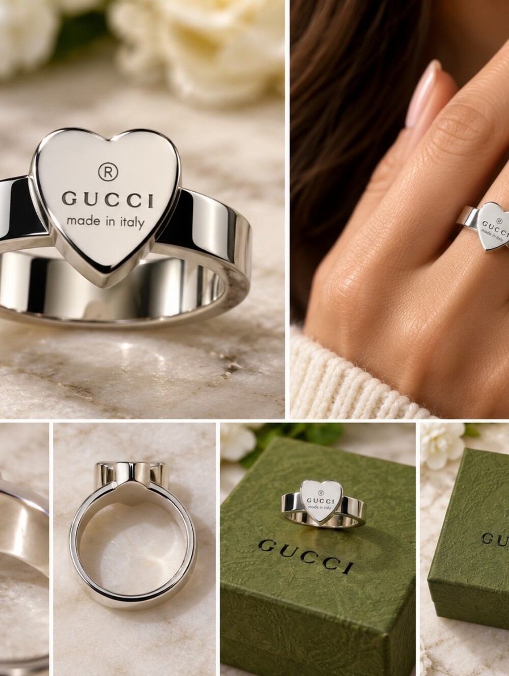 Gucci Silver Heart Logo Ring on Green Gift Box Without The Engrave Gucci Ribbon.